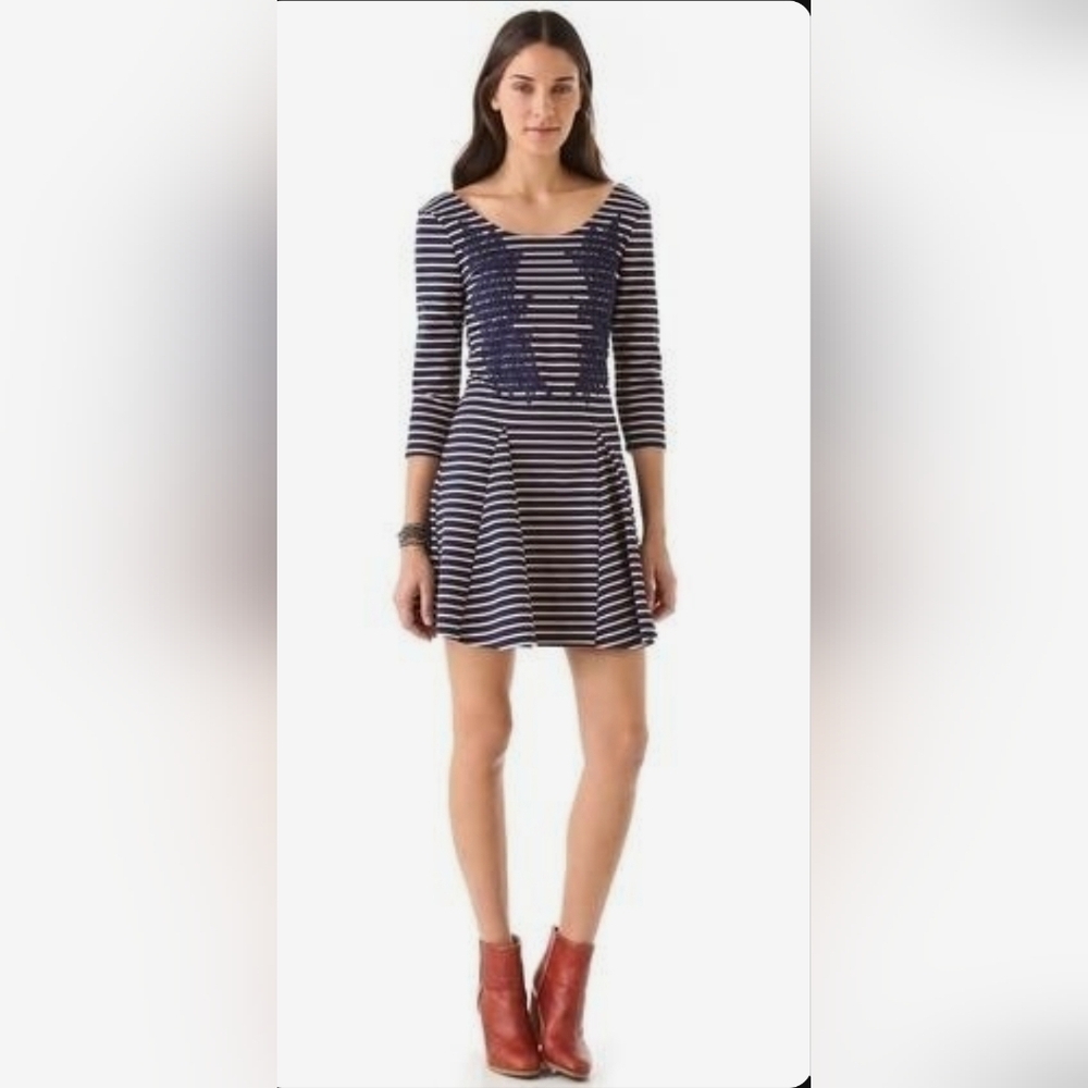 Free People Dress Women’s Nautical Knotty Blue Light Pink Knit Stripe Stretch XS